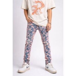 Focus Jeans Mens W30 Pink Blue Distressed Frayed Denim Streetwear Pants